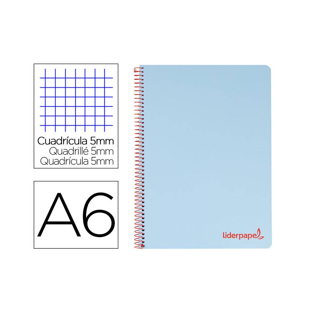 Cuaderno espiral liderpapel a6 micro wonder tapa plastico 120h 90 gr cuadro 5mm 4 bandas color celeste