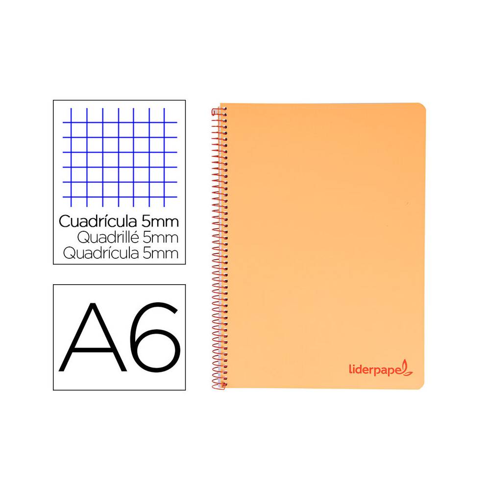 Cuaderno espiral liderpapel a6 micro wonder tapa plastico 120h 90 gr cuadro 5mm 4 bandas color naranja