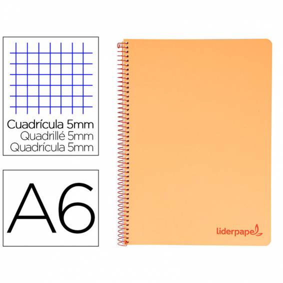 Cuaderno espiral liderpapel a6 micro wonder tapa plastico 120h 90 gr cuadro 5mm 4 bandas color naranja