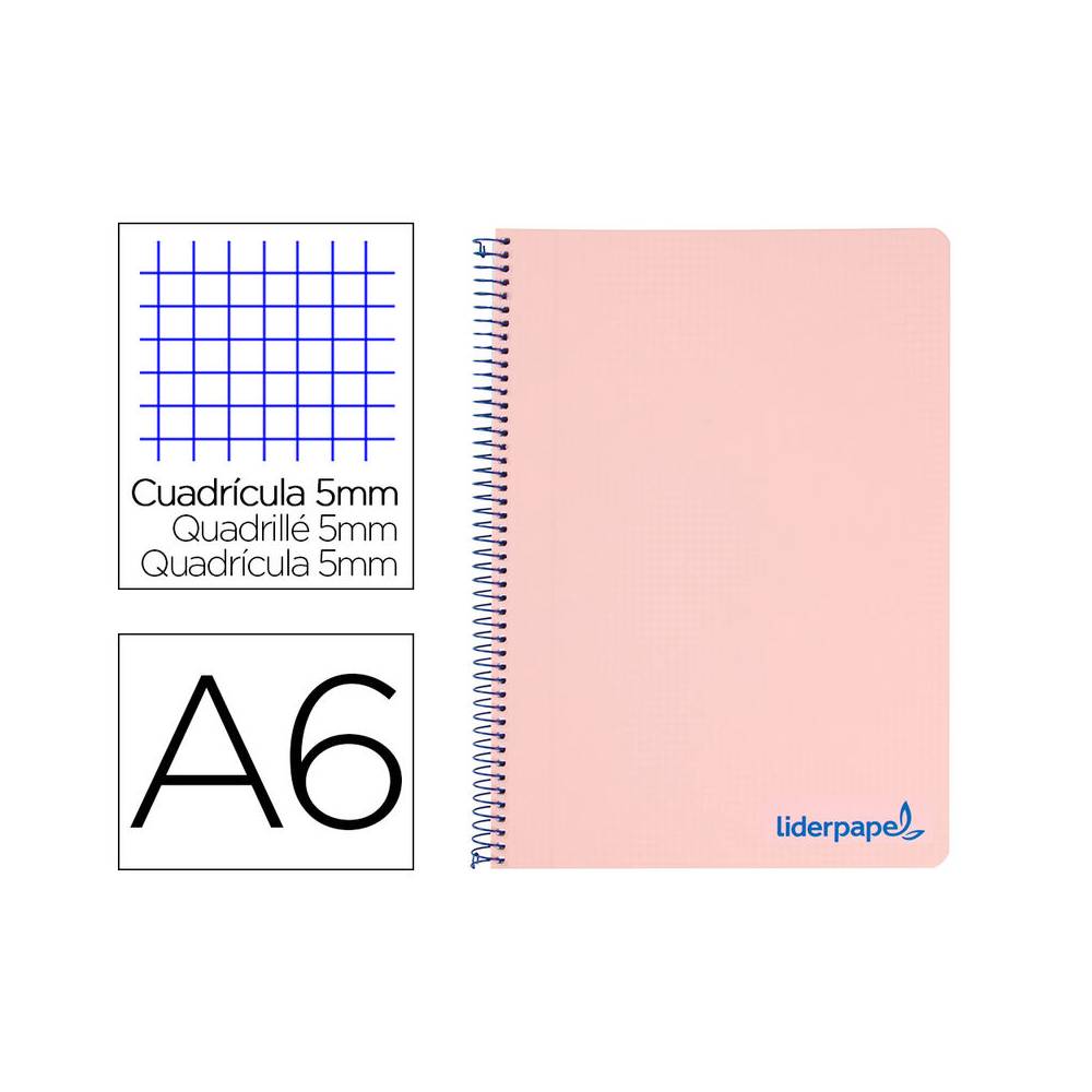 Cuaderno espiral liderpapel a6 micro wonder tapa plastico 120h 90 gr cuadro 5mm 4 bandas color rosa