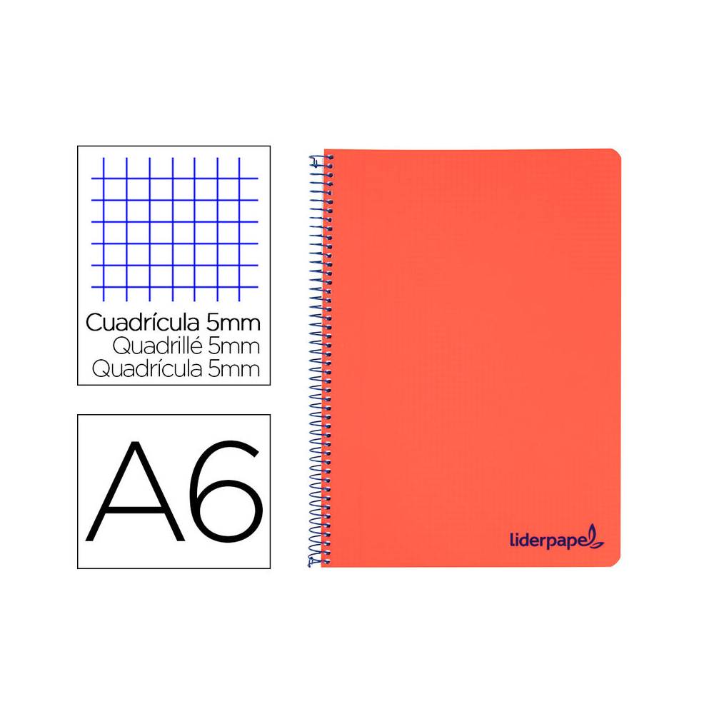 Cuaderno espiral liderpapel a6 micro wonder tapa plastico 120h 90 gr cuadro 5mm 4 bandas color rojo