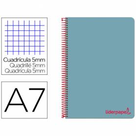 Cuaderno espiral liderpapel a7 micro wonder tapa plastico 100h 90 gr cuadro 5mm 4 bandas color celeste