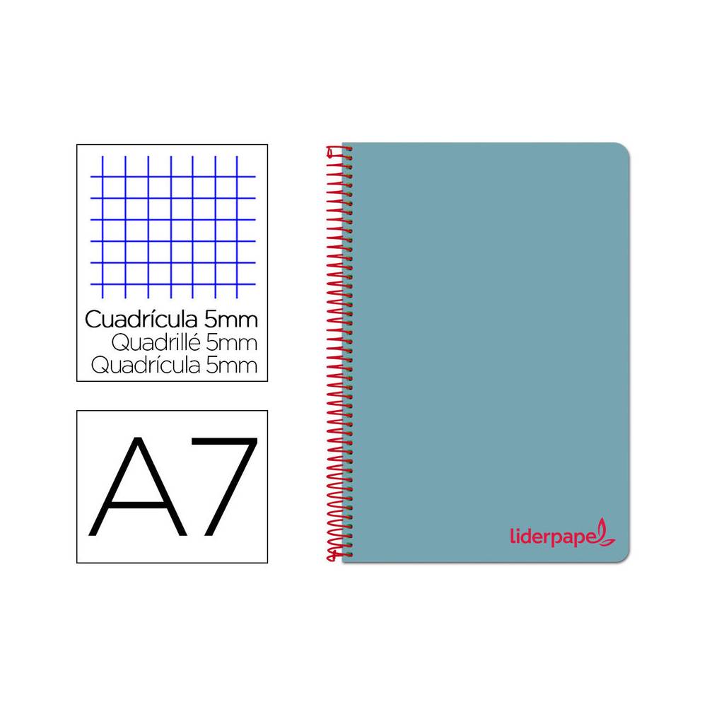 Cuaderno espiral liderpapel a7 micro wonder tapa plastico 100h 90 gr cuadro 5mm 4 bandas color celeste