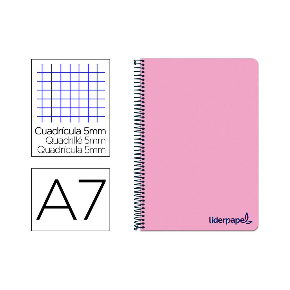 Cuaderno espiral liderpapel a7 micro wonder tapa plastico 100h 90 gr cuadro 5mm 4 bandas color rosa