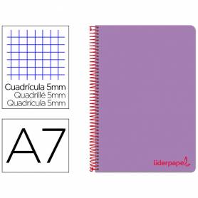 Cuaderno espiral liderpapel a7 micro wonder tapa plastico 100h 90 gr cuadro 5mm 4 bandas color violeta