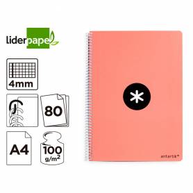 Cuaderno espiral liderpapel a4 antartik tapa dura 80h 90gr cuadro 4mm con margen color coral