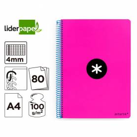 Cuaderno espiral liderpapel a4 antartik tapa dura 80h 90gr cuadro 4mm con margen color rosa fluor