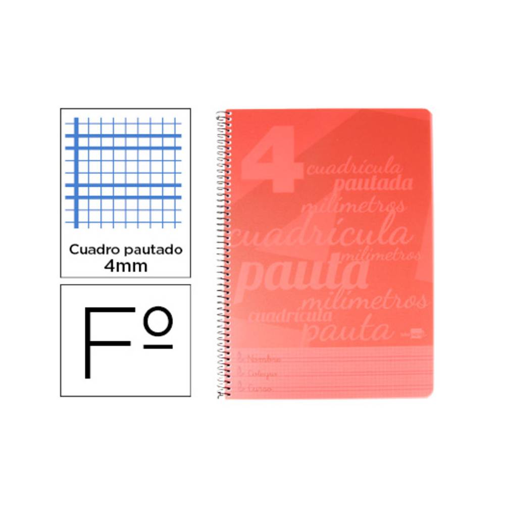 Cuaderno espiral liderpapel folio pautaguia tapa plastico 80h 75gr cuadro pautado 4mm con margen color rojo