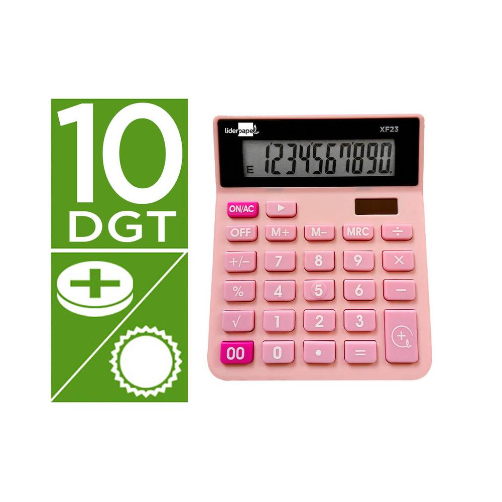 Calculadora liderpapel sobremesa xf23 10 digitos solar y pilas color rosa 127x105x24 mm