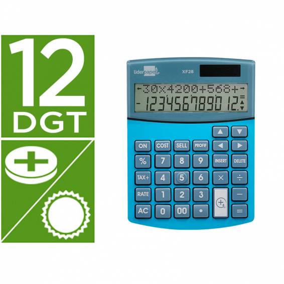 Calculadora liderpapel sobreme sa xf28 12 digitos dos lineas coste venta margen y tasas solar y pilas azul 155x115x25 mm