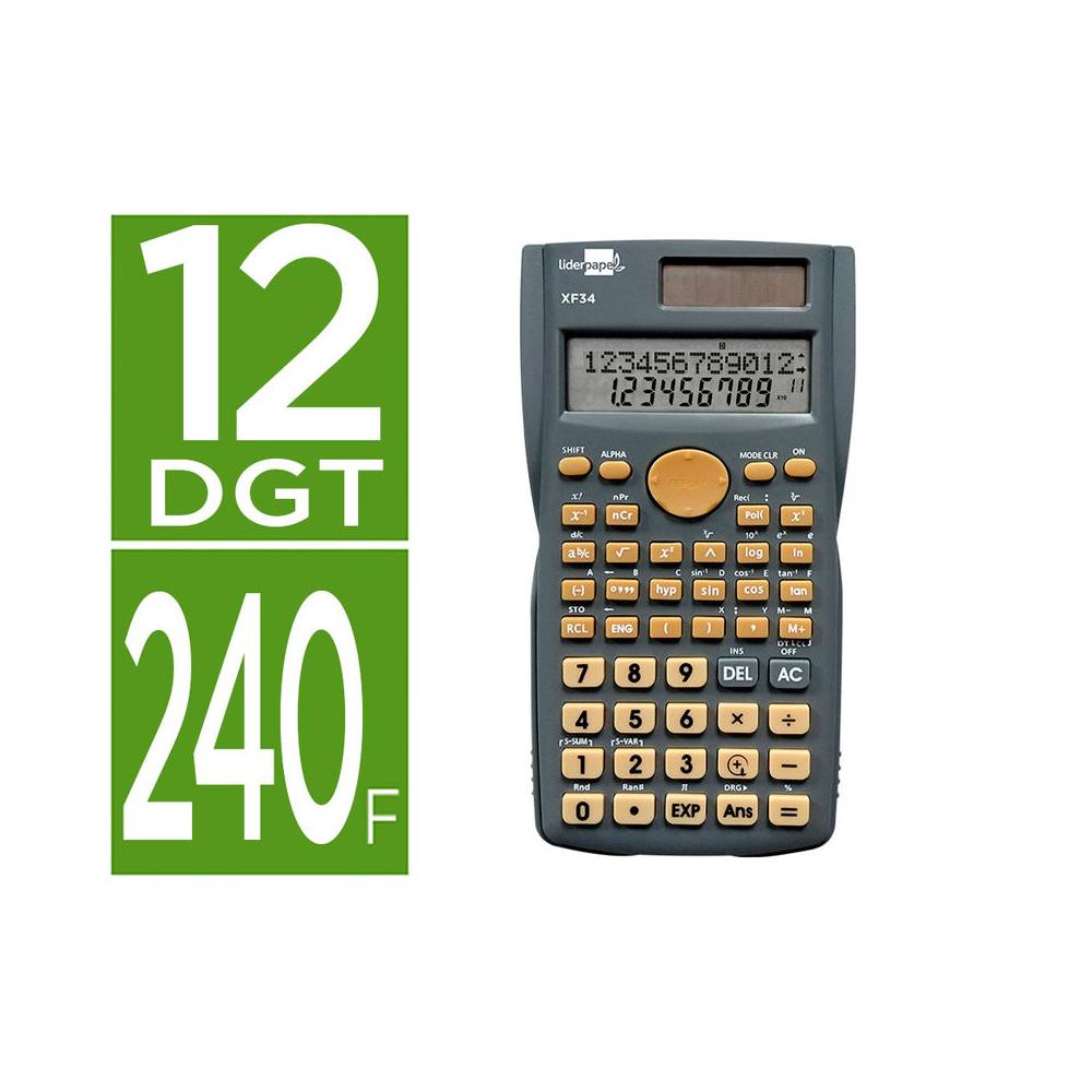 Calculadora liderpapel cientifica xf34 12 digitos 240 funciones con tapa solar y pilas color gris 156x85x20