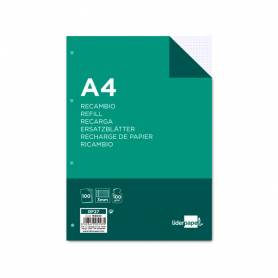 Recambio liderpapel a4 100 hojas 100g/m2 cuadro 3mm con margen 4 taladros