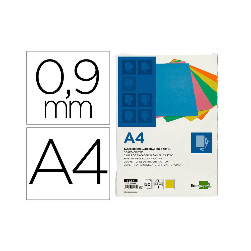 Tapa encuadernacion liderpapel carton a4 0,9mm amarillo fluor paquete de 50 unidades