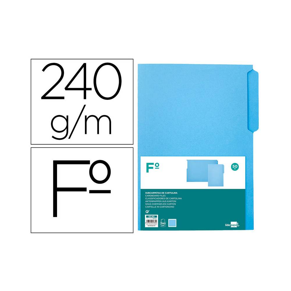 Subcarpeta cartulina liderpapel folio pestaña superior 240g/m2 azul