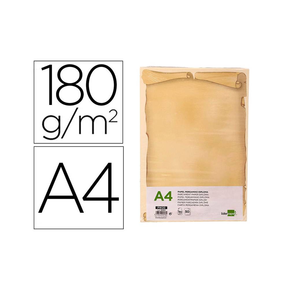 Papel pergamino liderpapel din a4 diploma 180 g/m2 paquete de 50 hojas