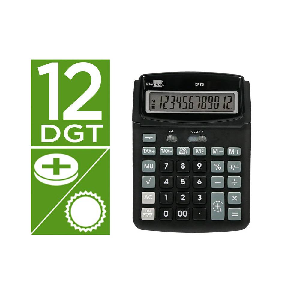 Calculadora liderpapel sobremesa xf39 12 digitos solar y pilas color negro 190x140x32 mm 40% reciclada