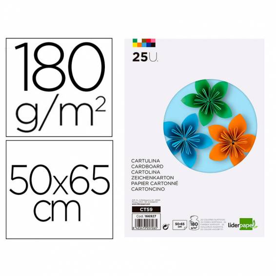 Cartulina liderpapel 50x65 cm 180g/m2 25 colores surtidos paquete de 25 hojas