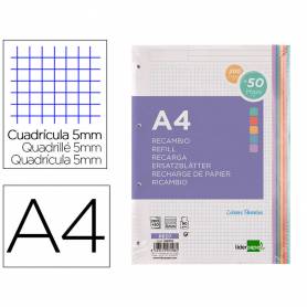 Recambio liderpapel a4 200+50 hojas 90g/m2 cuadro 5 mm 4 taladros bandas de 5 colores