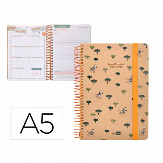 Agenda escolar liderpapel año 24 - 25 escolar classic zebra día página a5 papel fsc banda elastica