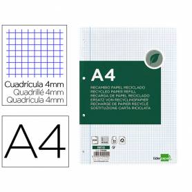 Recambio liderpapel a4 100 hojas papel reciclado 100% 80g m2 cuadro 4mm con margen 4 taladros - RE10