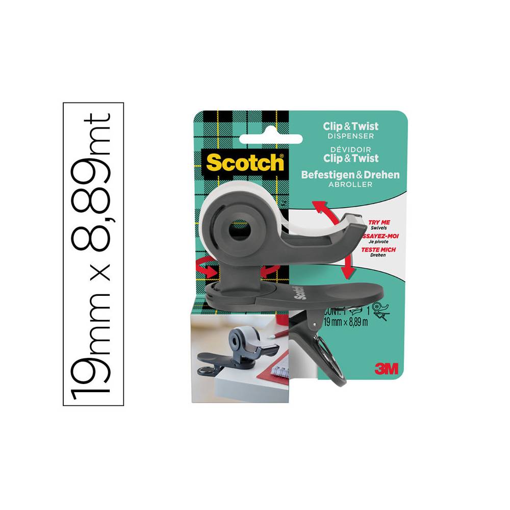 Portarrollo scotch clip & twist incluye 1 cinta scotch magic 8,89 mt x 19 mm