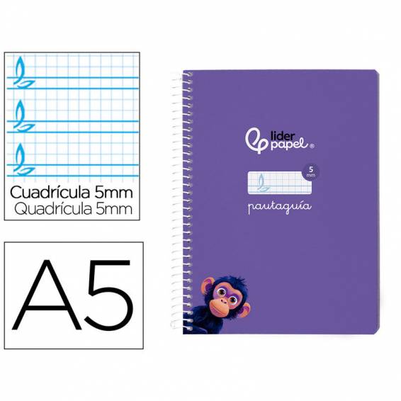 Cuaderno espiral liderpapel di n a5 pautaguia tapa blanda 40h 75 gr cuadro pautado 5mm color lila - BC120