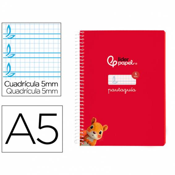 Cuaderno espiral liderpapel di n a5 pautaguia tapa blanda 40h 75 gr cuadro pautado 5mm color rojo - BC122