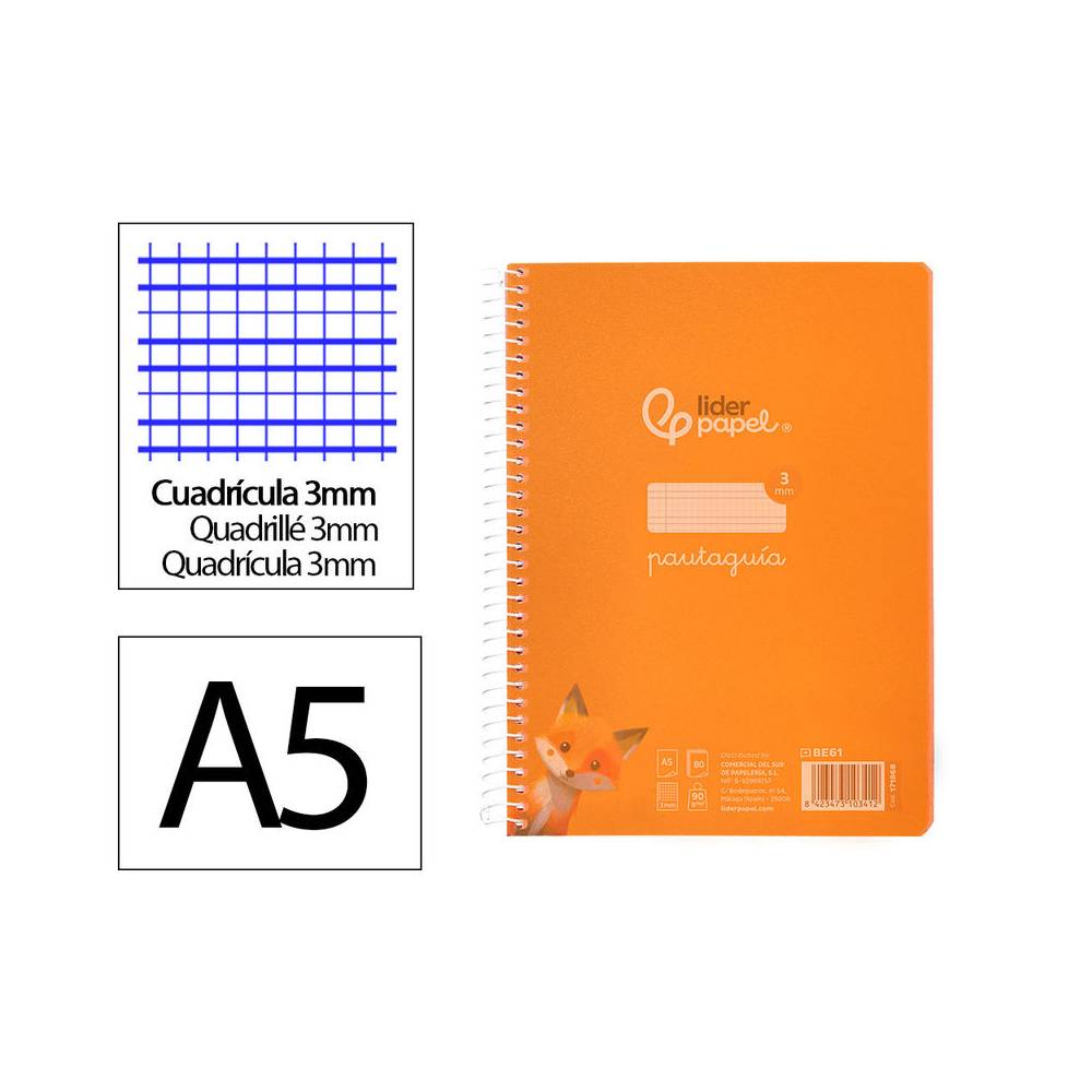 Cuaderno espiral liderpapel din a5 pautaguia tapa plastico 80h 90gr cuadro pautado 3mm color naranja - BE61