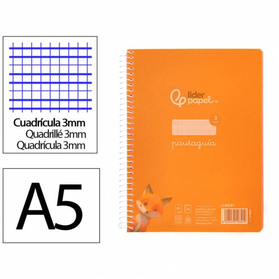 Cuaderno espiral liderpapel din a5 pautaguia tapa plastico 80h 90gr cuadro pautado 3mm color naranja - BE61