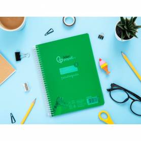 Cuaderno espiral liderpapel din a5 pautaguia tapa plastico 80h 90gr cuadro pautado 3 mm con margen color verde - BE54