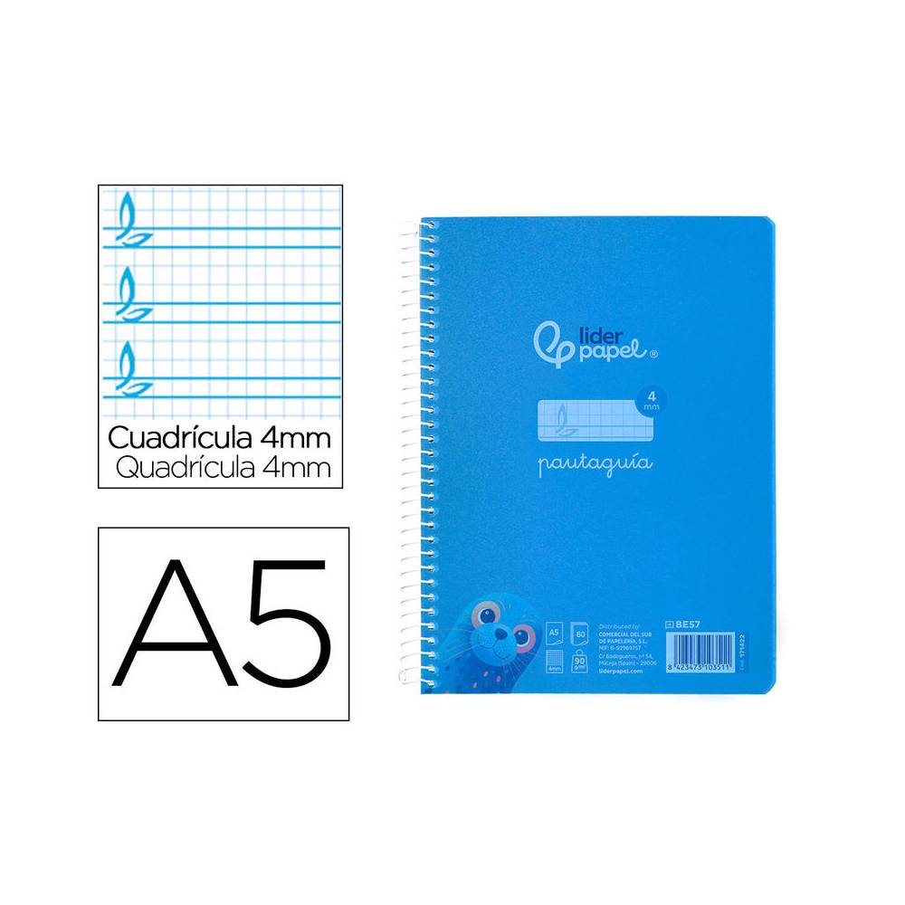 Cuaderno espiral liderpapel din a5 pautaguia tapa plastico 80h 90gr cuadro pautado 4mm con margen color azul - BE57