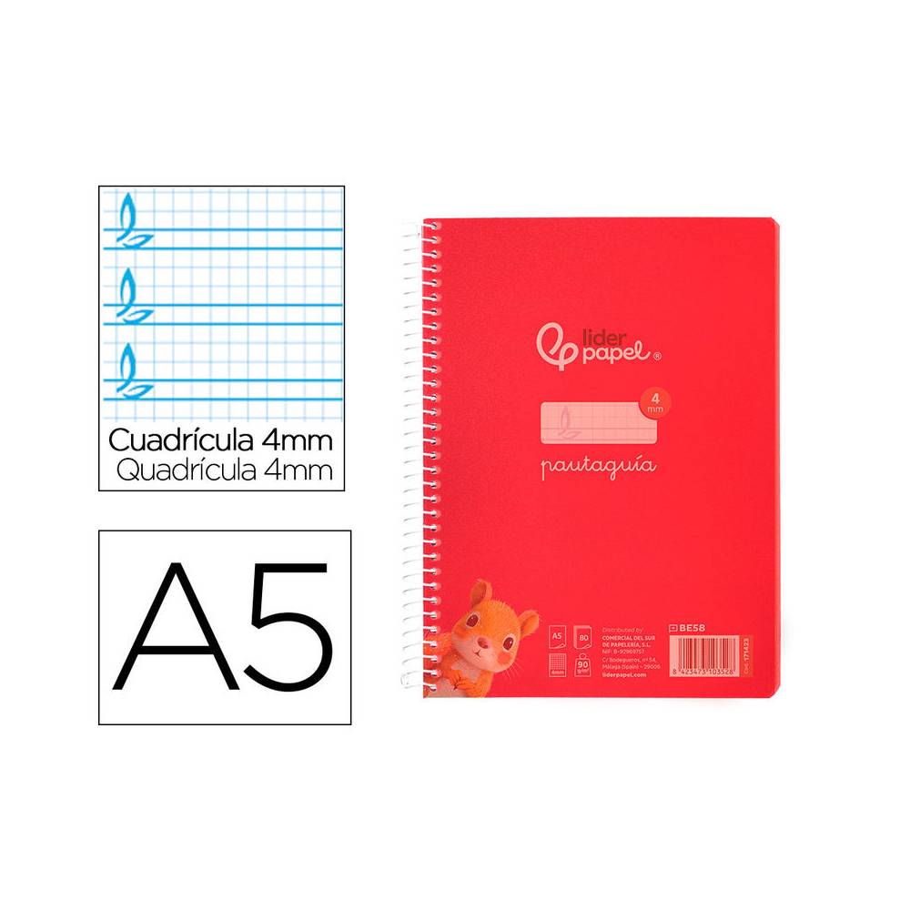 Cuaderno espiral liderpapel din a5 pautaguia tapa plastico 80h 90gr cuadro pautado 4mm con margen color rojo - BE58