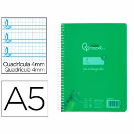 Cuaderno espiral liderpapel din a5 pautaguia tapa plastico 80h 90gr cuadro pautado 4mm con margen color verde - BE59