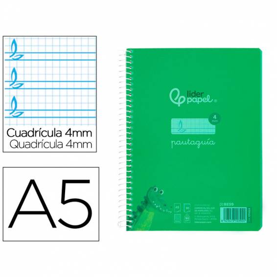 Cuaderno espiral liderpapel din a5 pautaguia tapa plastico 80h 90gr cuadro pautado 4mm con margen color verde - BE59