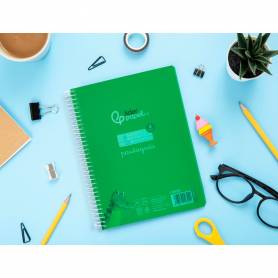 Cuaderno espiral liderpapel din a5 pautaguia tapa plastico 80h 90gr cuadro pautado 4mm con margen color verde - BE59