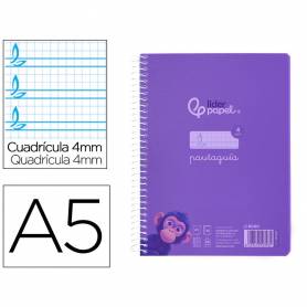 Cuaderno espiral liderpapel din a5 pautaguia tapa plastico 80h 90gr cuadro pautado 4 mm con margen color violeta - BE60