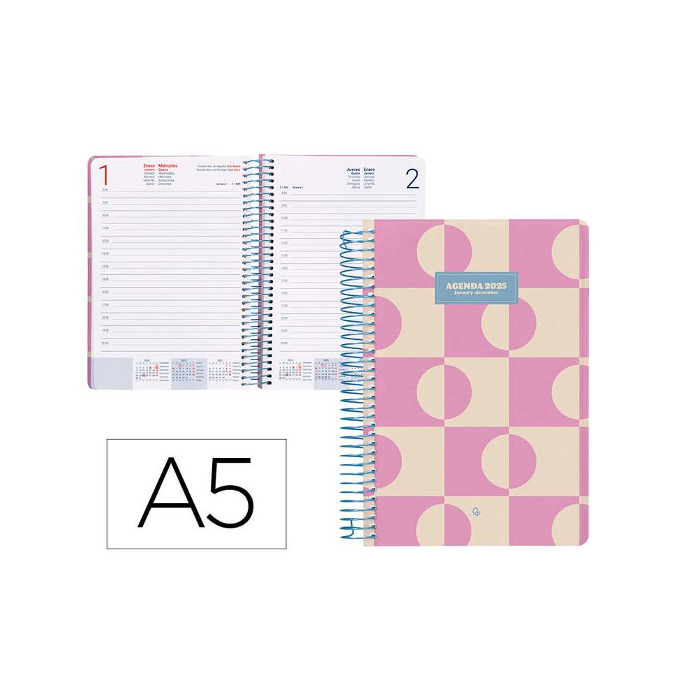 Agenda espiral liderpapel clas sic a5 2025 día página color rosa papel 70 gr - 