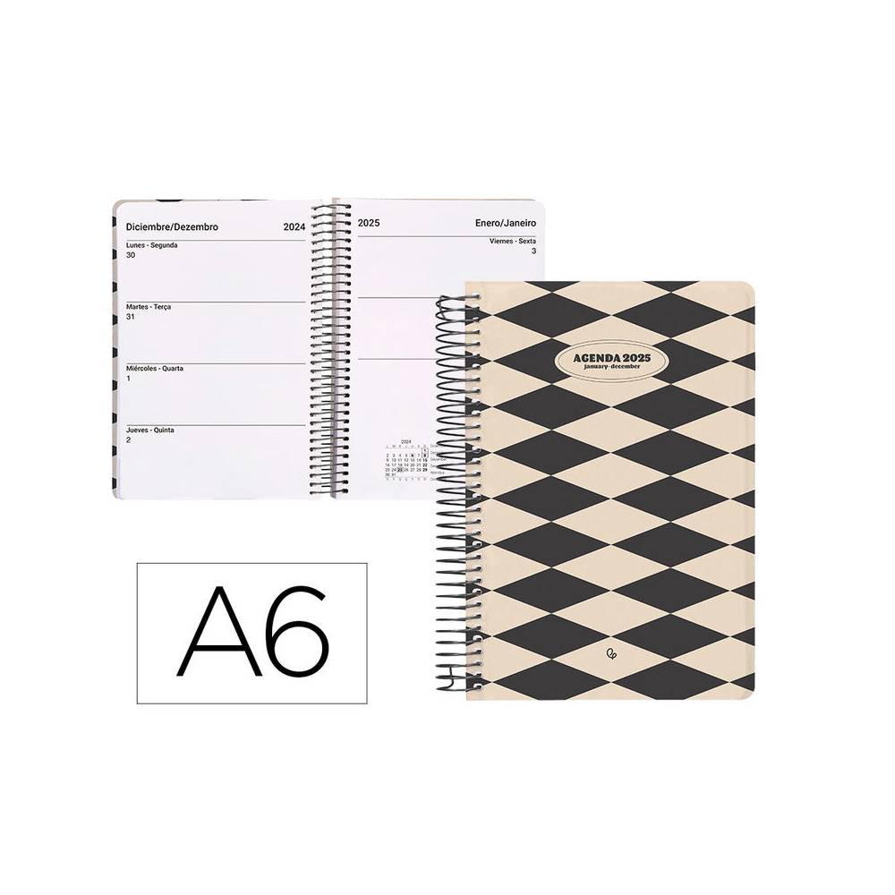 Agenda espiral liderpapel clas sic a6 2025 semana vista blanco y negro 1 papel 70 gr - 