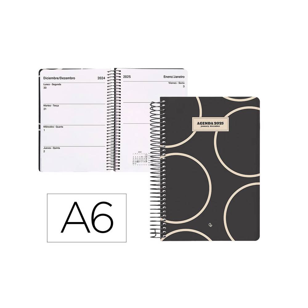 Agenda espiral liderpapel clas sic a6 2025 semana vista blanco y negro 2 papel 70 gr - 