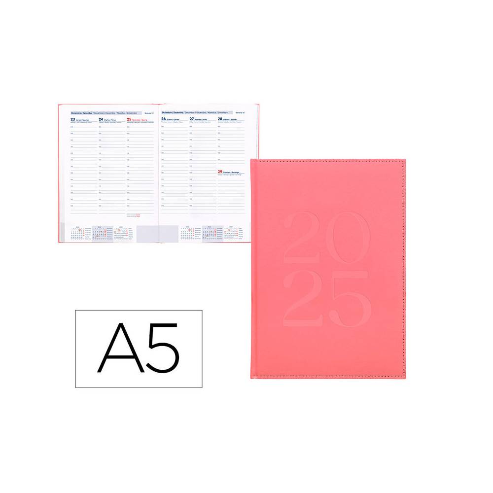 Agenda encuadernada liderpapel creta a5 2025 semana vista color rosa papel 70 gr - 