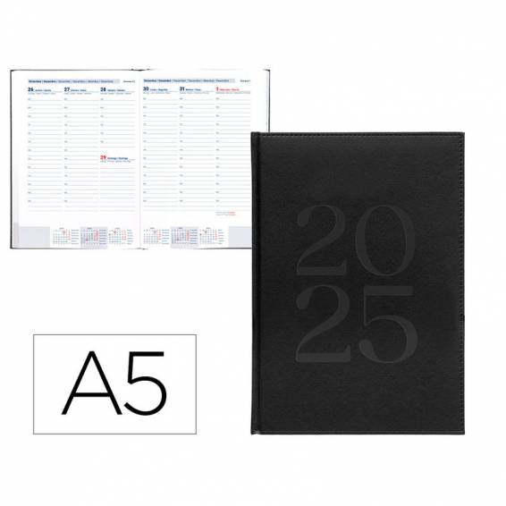 Agenda encuadernada liderpapel creta a5 2025 semana vista negro papel 70 gr - 