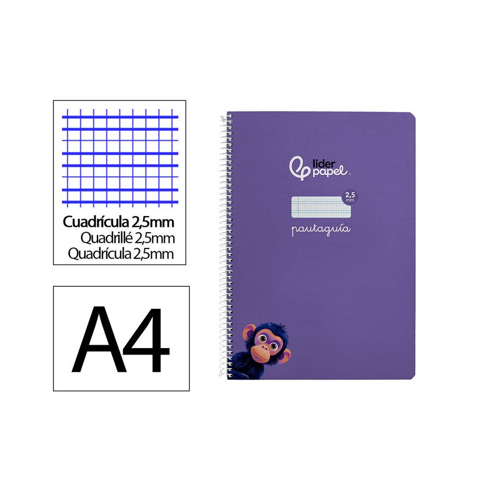 Cuaderno espiral liderpapel di n a4 pautaguia tapa dura 80h 90 gr cuadro pautado 2,5mm color lila - BF126