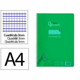 Cuaderno espiral liderpapel din a4 pautaguia tapa plastico80h 90gr cuadro pautado 3mm con margen color verde - BE41