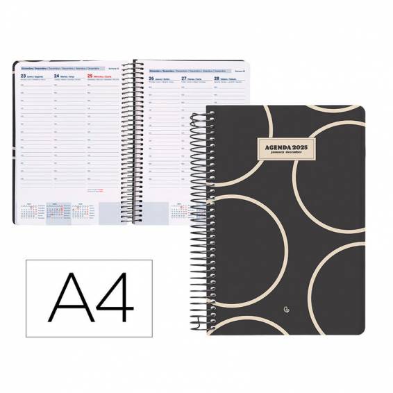 Agenda espiral liderpapel clas sic a4 2025 dia pagina blanc o y negro 2 papel 70 gr - 