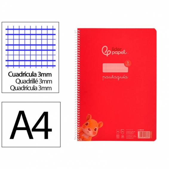 Cuaderno espiral liderpapel din a4 pautaguia tapa plastico80h 90gr cuadro pautado 3mm con margen color rojo - BE34