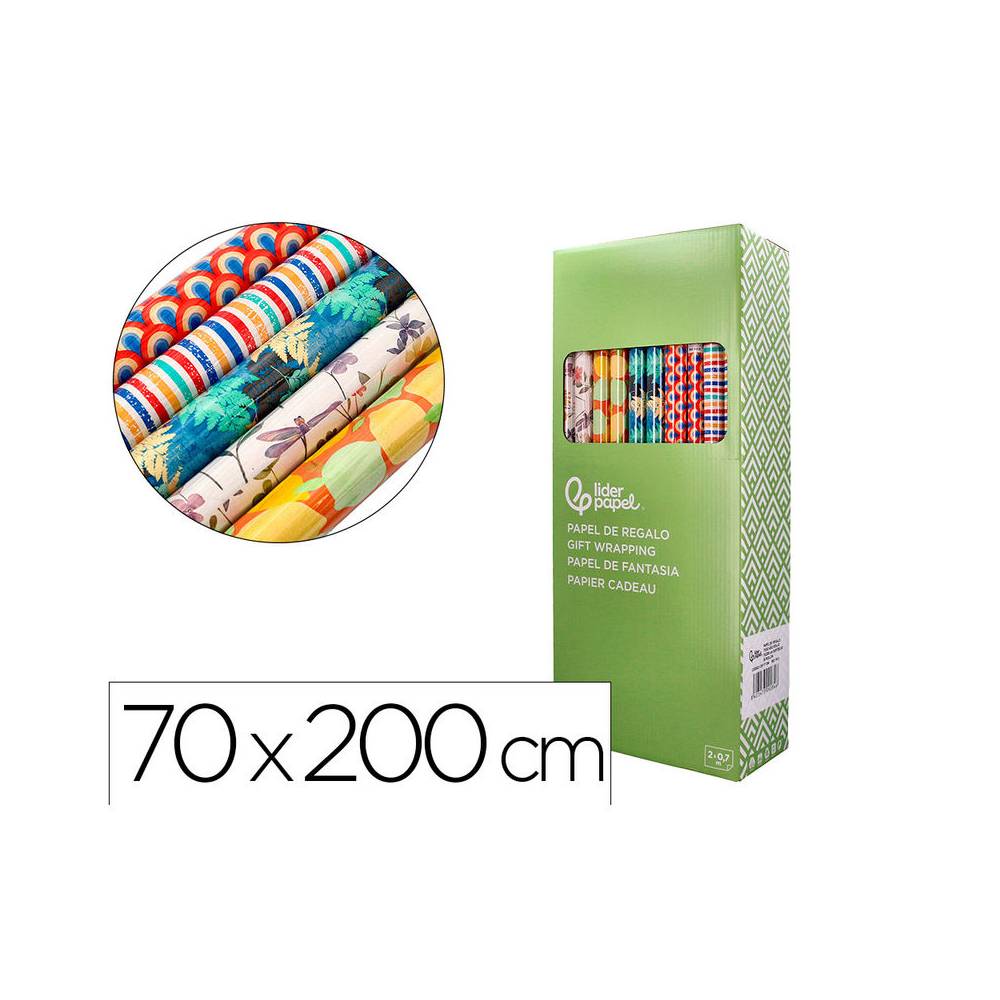 Papel de regalo liderpapel todo año rollo ancho 70 cm longitud 2 mt gramaje 60 gr diseños surtidos b-2024 - PR13