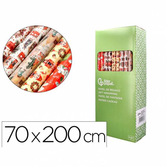 Papel de regalo liderpapel navidad rollo ancho 70 cm longitud 2 mt gramaje 60 gr diseños surtidos b-2024 - PR16