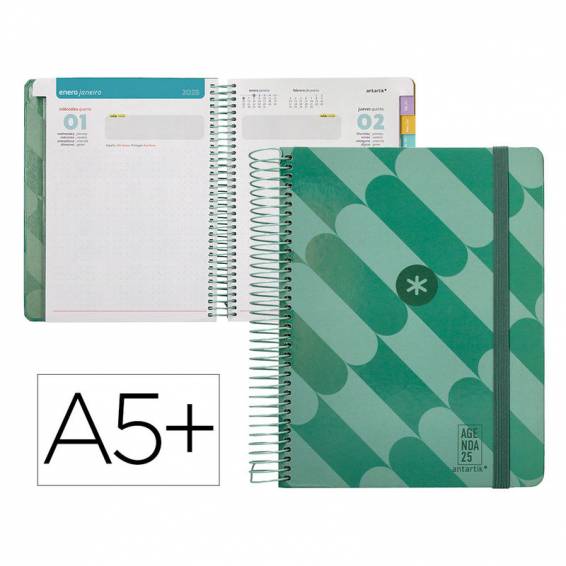 Agenda espiral antartik pattern a5+ 2025 dia pagina color verde papel 80 gr - 