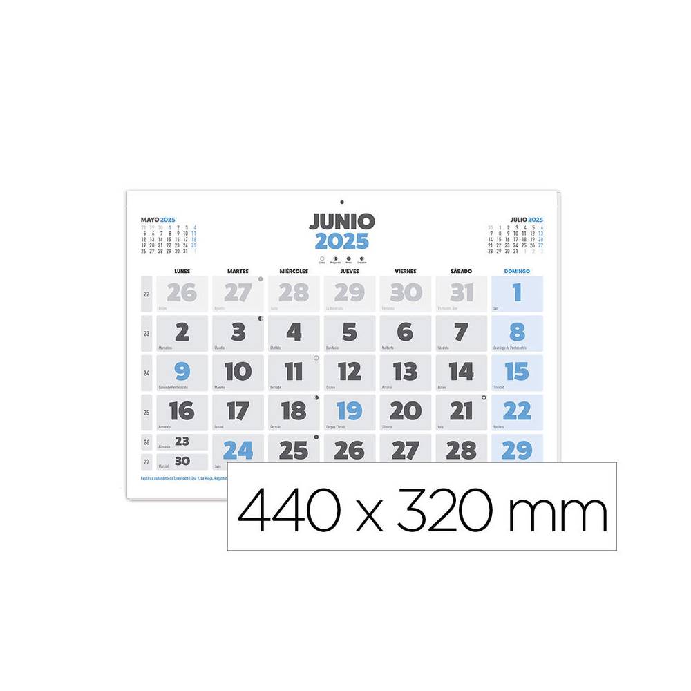 Calendario pared liderpapel clasico 2025 lomo engomado 44x32 cm papel 128 gr - 