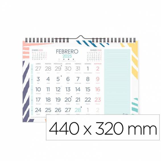 Calendario espiral pared liderpapel joven 2025 numeros grandes 44x32 cm papel 128 gr con pegatinas - 